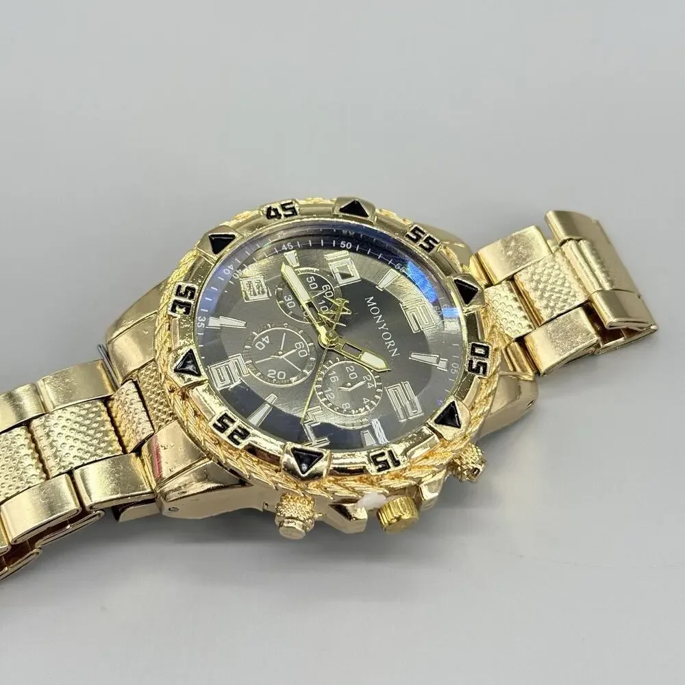 MONYORE Men's Gold Tone Watch Chronograph Look Dark Dial Quartz Wristwatch New